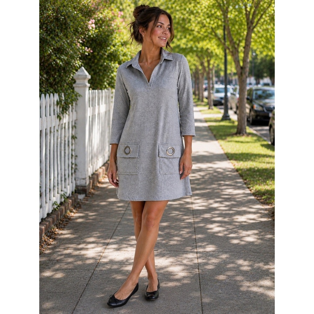 MSK Shift Dress Women's (PM) Gray Collared  Chic Mod Minimalist Travel Casual